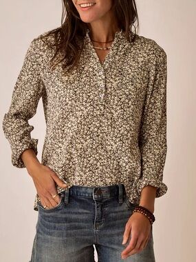 Carve Designs Cream and Brown Ditsy Floral Dylan Gauze Shirt NWT